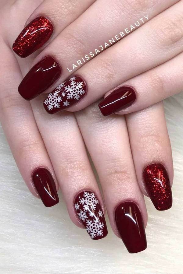 Deep Red Nails with Snowflake Design