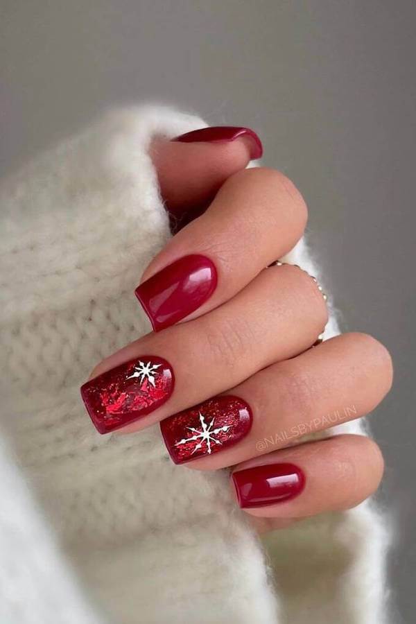 Red Glitter Snowflake Nails