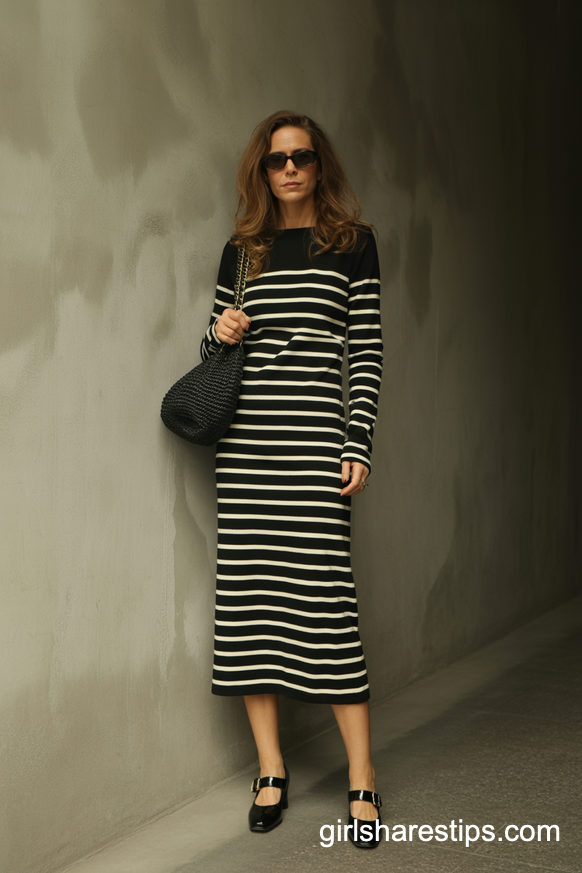 Striped Midi Dress With Old Money Black Accessories