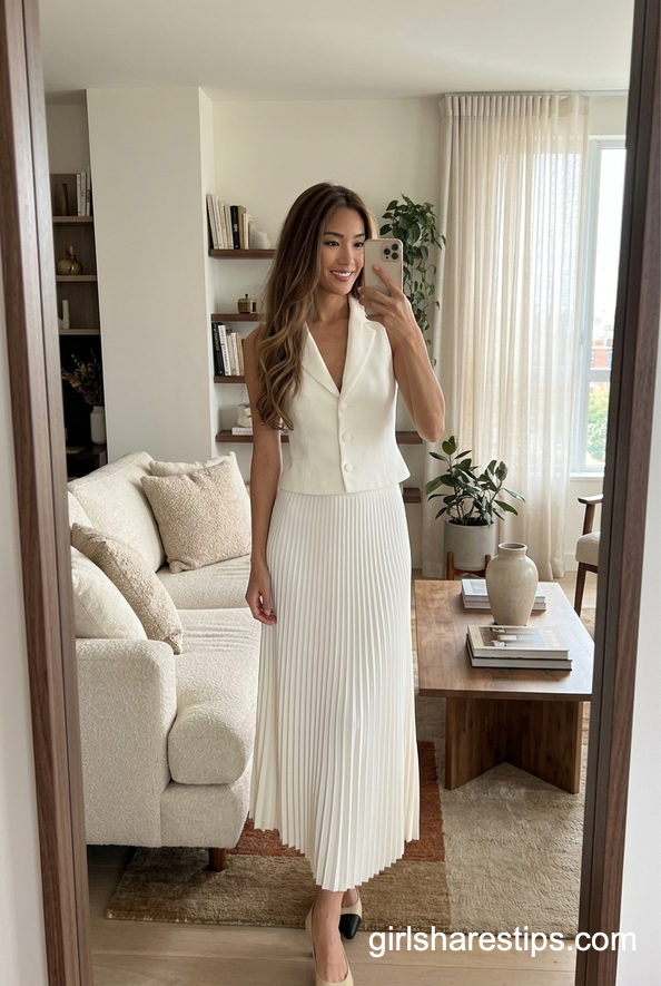 All White Vest And Pleated Maxi Skirt Set