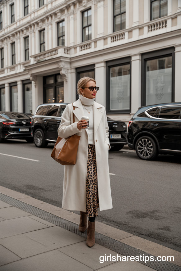 Cream Coat With Leopard Skirt And Brown Ankle Boots