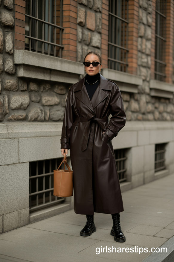 Dark Brown Leather Coat With Black Basics And Boots