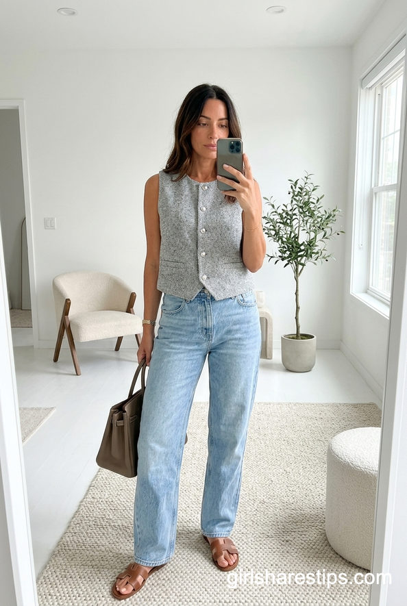 Knitted Vest With Straight Leg Jeans And Neutrals