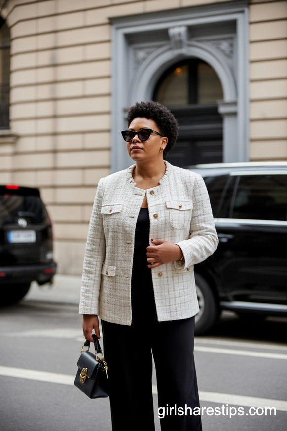 Cream Tweed Jacket Over Black Jumpsuit