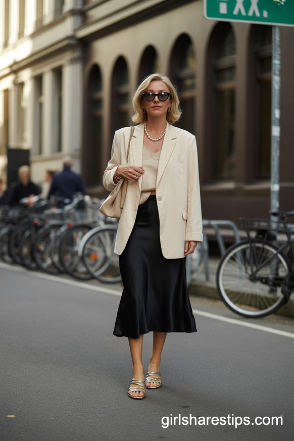 Black Silk Midi Skirt With Cream Oversized Blazer