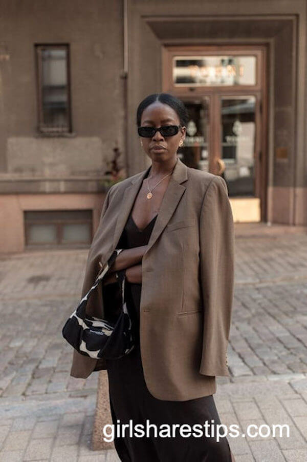 Oversized Brown Blazer Layered Over Black Dress