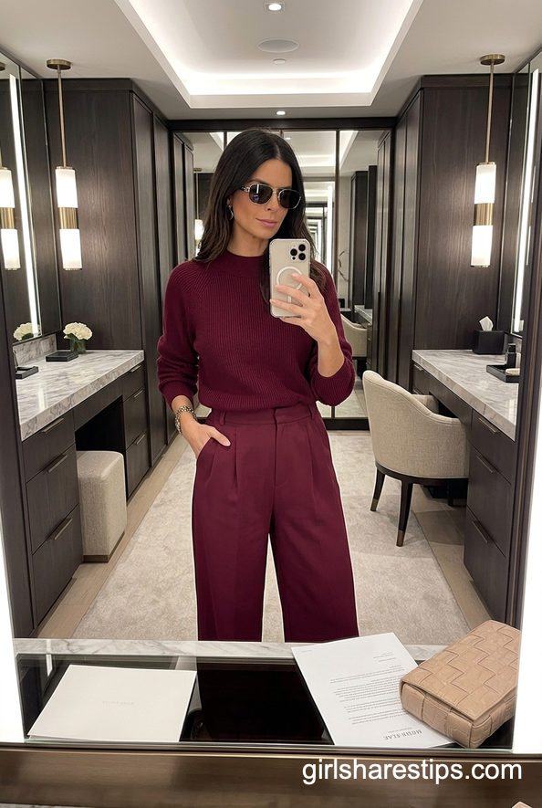 Monochrome Burgundy Sweater And Wide Leg Trousers