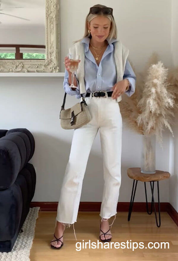 Blue Button Down Shirt With White Jeans