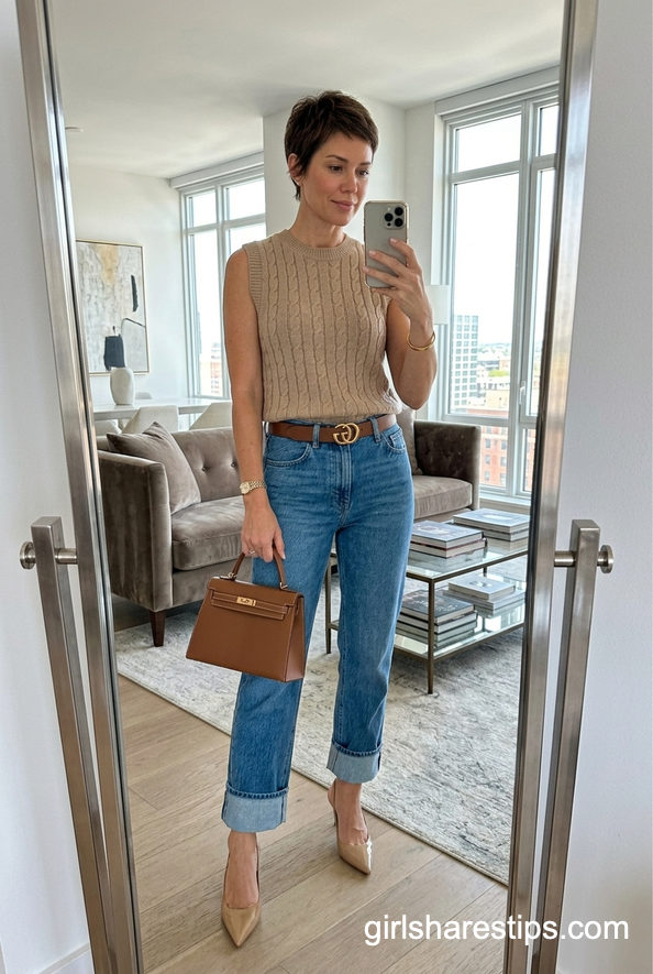 Sleeveless Top With Blue Jeans And Classic Heels