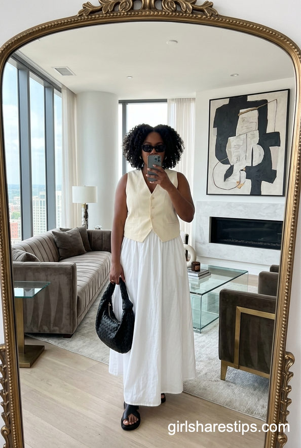 Vest And White Maxi Skirt For Modern Minimalism
