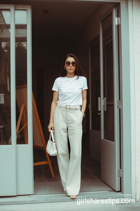 All White Tee And Wide Leg Pants With Matching Bag