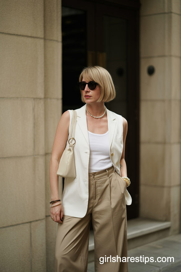White Vest And Khaki Trousers In Soft Neutral Tones