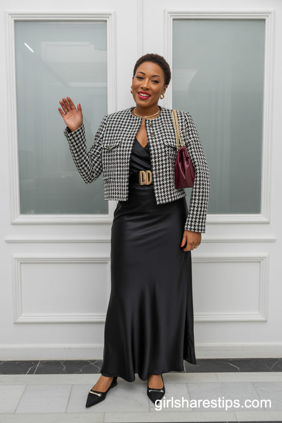 Houndstooth Tweed Jacket Over Satin Maxi Dress