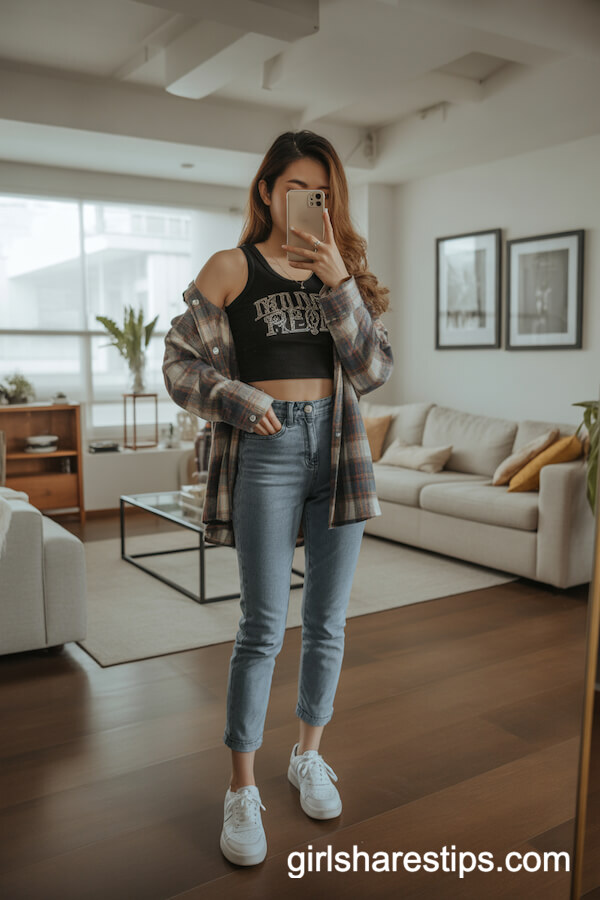 Fitted Jeans with Flannel Overshirt