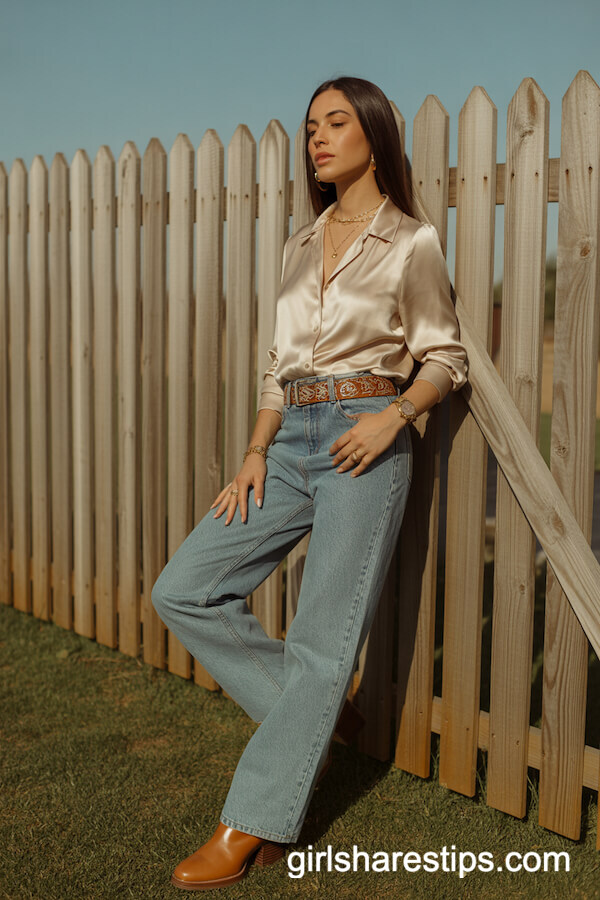 Straight-Leg Jeans with Silky Blouse