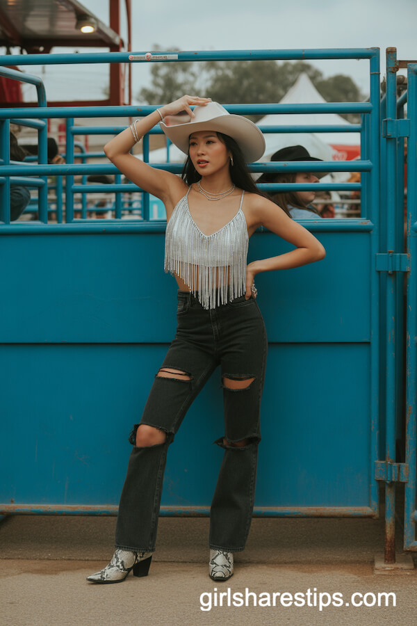 Ripped Black Jeans with Metallic Crop Top