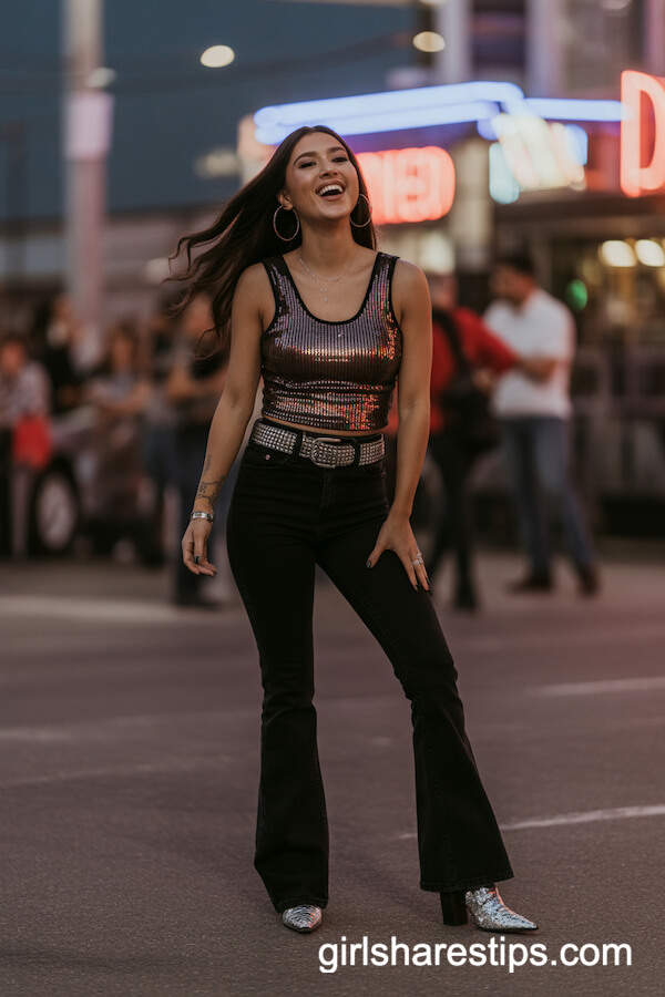 Black Flared Jeans with Sequined Top