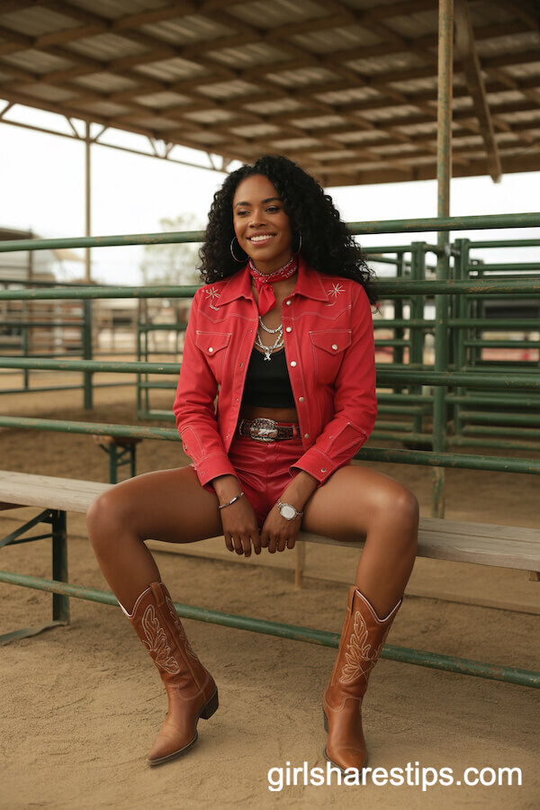 Red Leather Shorts with Suede Western Shirt and Brown Boots