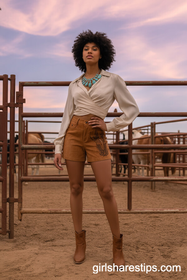 Tan Suede Shorts with Wrapped Cream Blouse and Turquoise Necklace