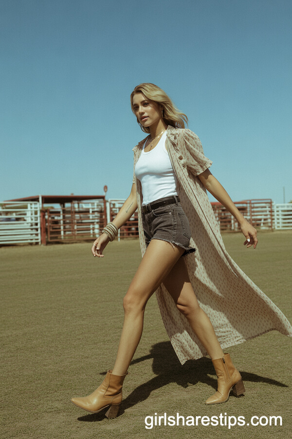 Dark Denim Shorts with Sheer Patterned Duster and Tan Heeled Boots