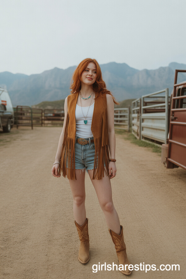 Light Wash Cutoff Shorts with Suede Fringe Vest and Turquoise Jewelry