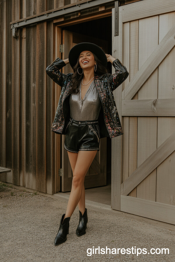 Embellished Leather Shorts with Metallic Bodysuit and Wide-Brim Hat