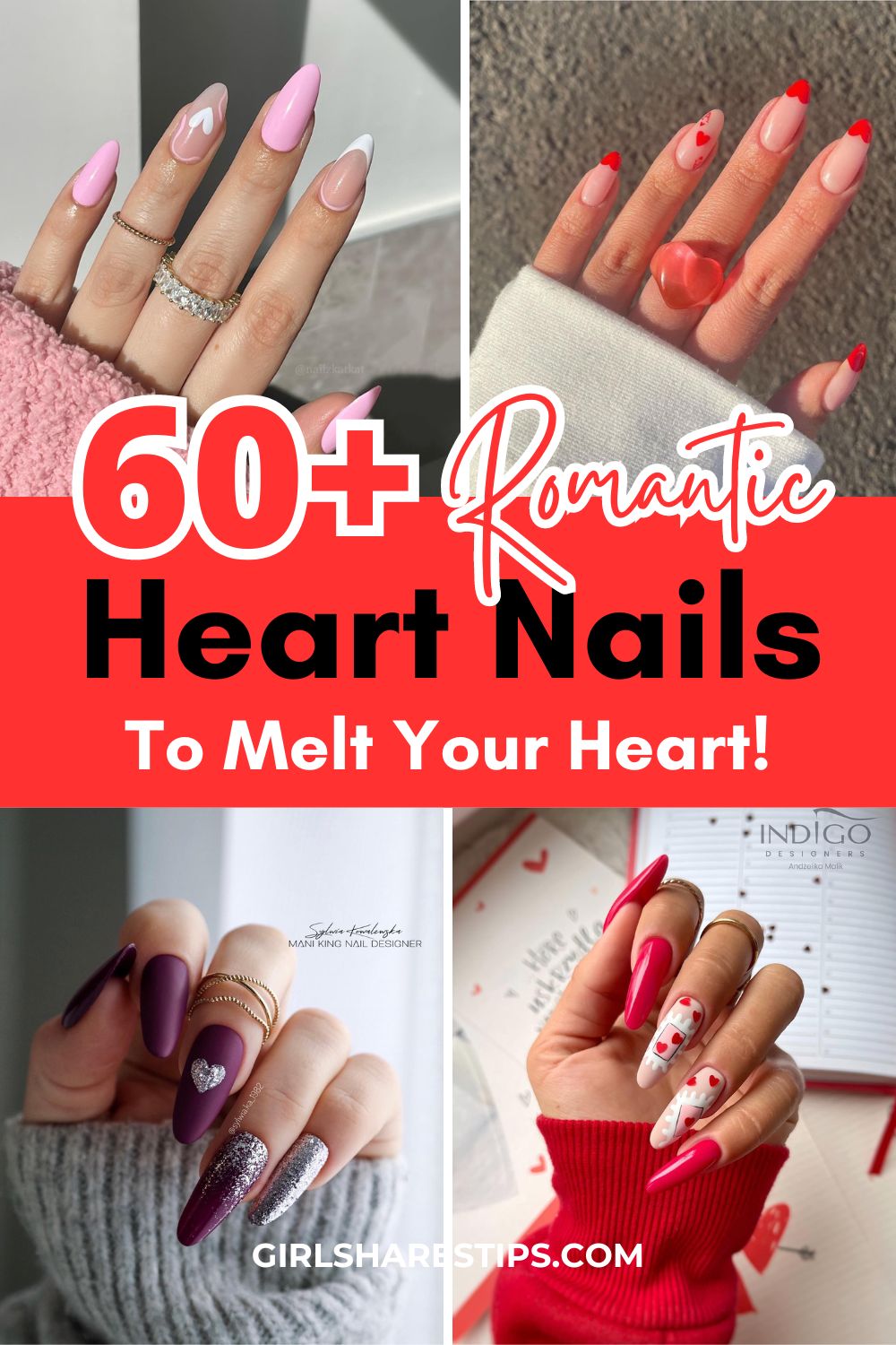 romantic heart nails collage