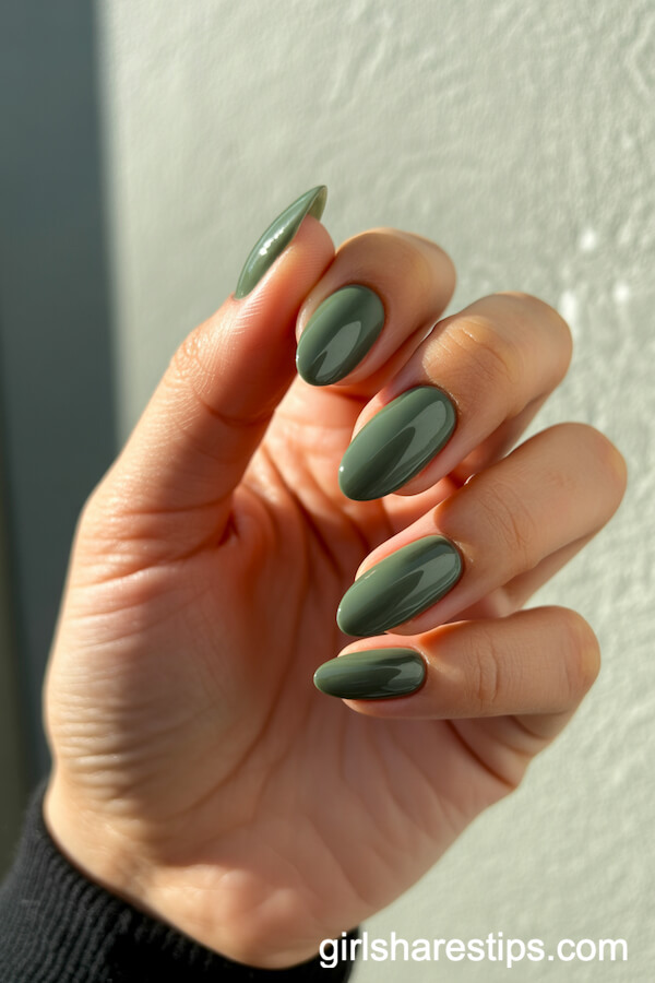 Glossy Almond Sage Green Nails