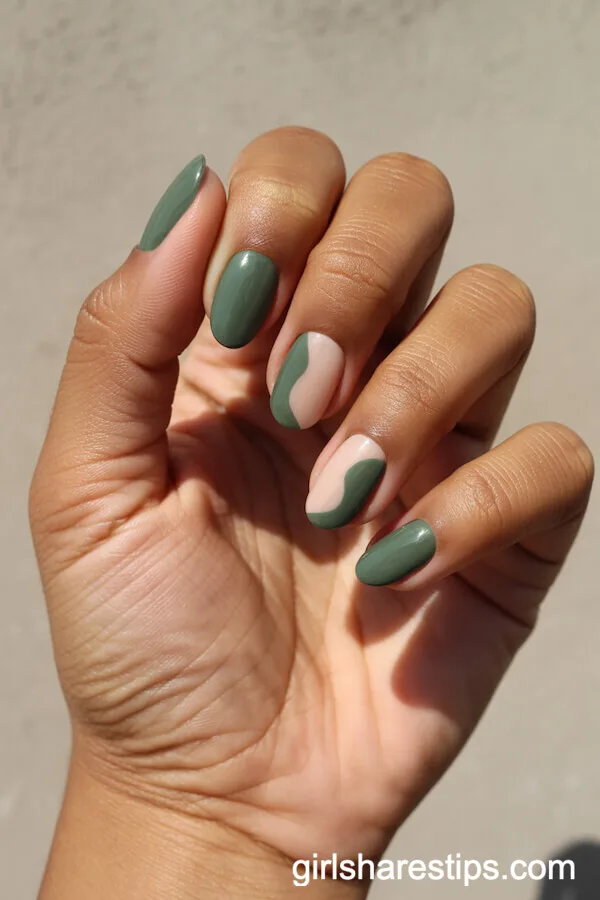 Geometric Nude and Sage Green Oval Nails