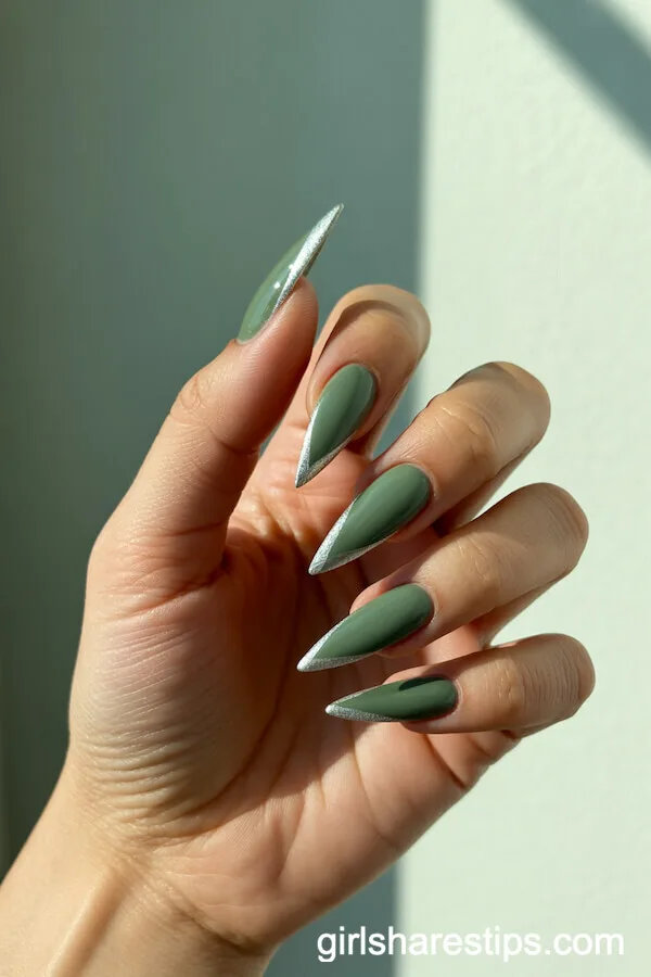 Sage Green Stiletto Nails with Silver Foil Edges