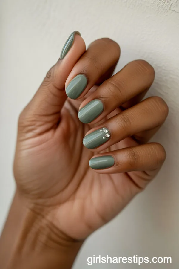 Sage Green Rounded Nails with Gem Accents