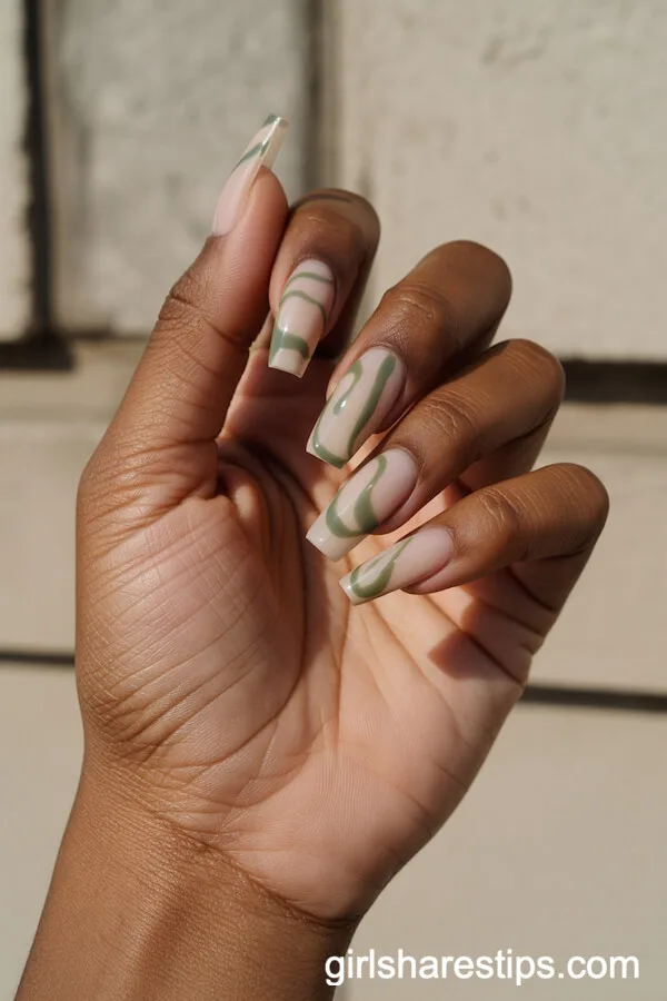 Abstract Sage Green Swirl Coffin Nails