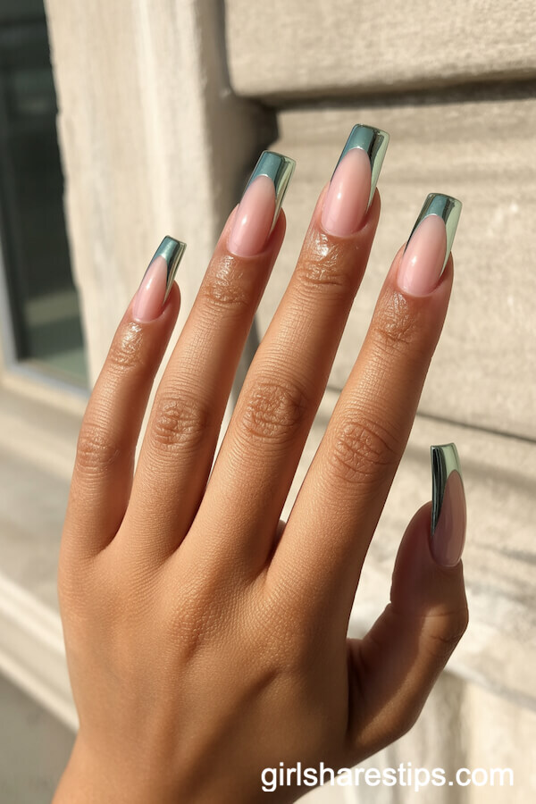Sage Green Chrome Tip Coffin Nails