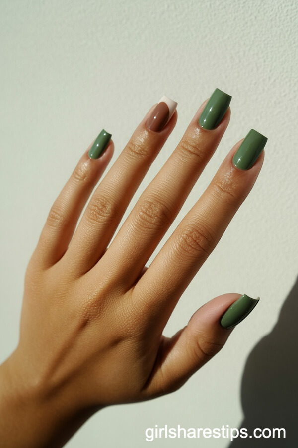 Modern Half-Moon Sage Green Square Nails