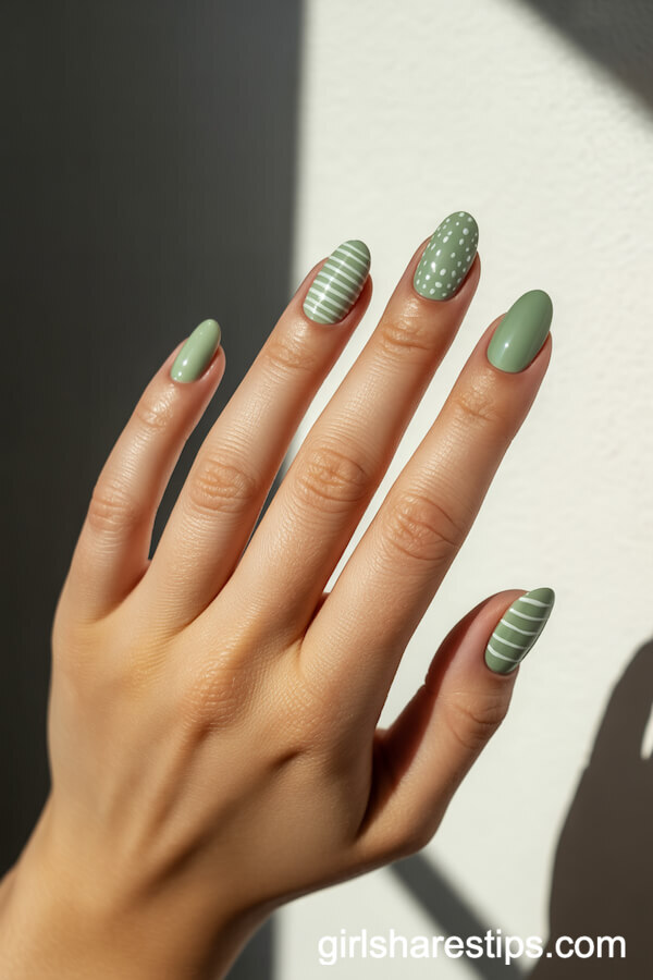 Mix-and-Match Sage Green Patterned Squoval Nails