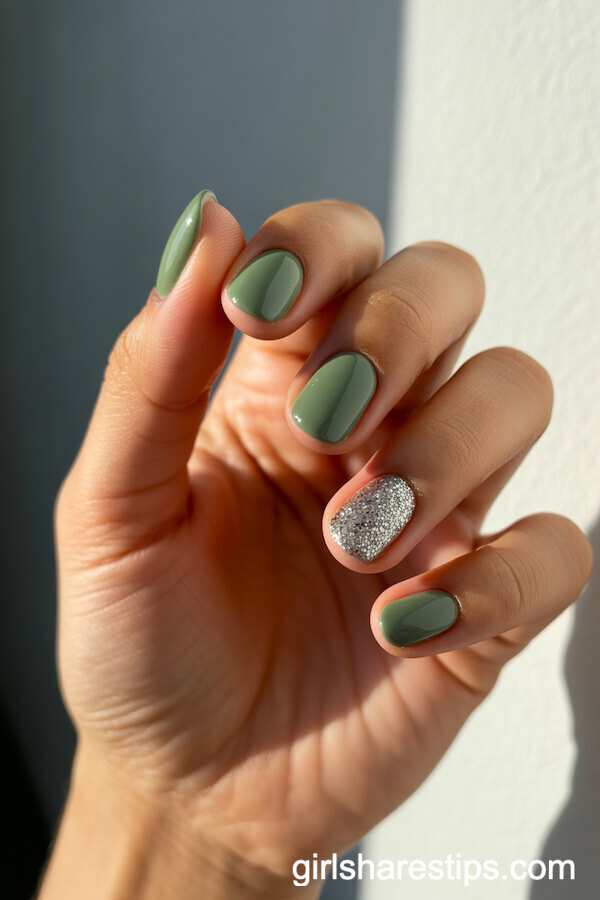 Sage Green Nails with Glitter Accent