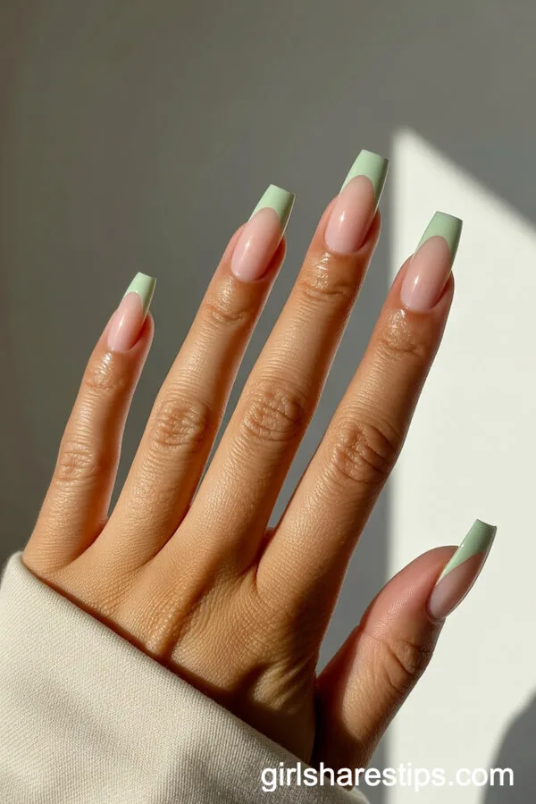 Sage Green French Tip Coffin Nails
