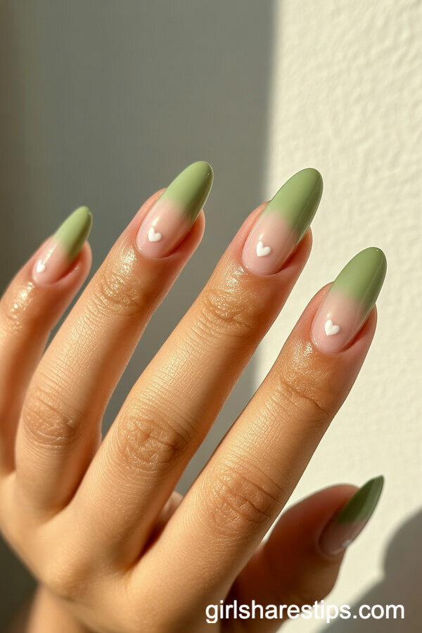 Sage Green Ombr&eacute; Nails with White Heart Art
