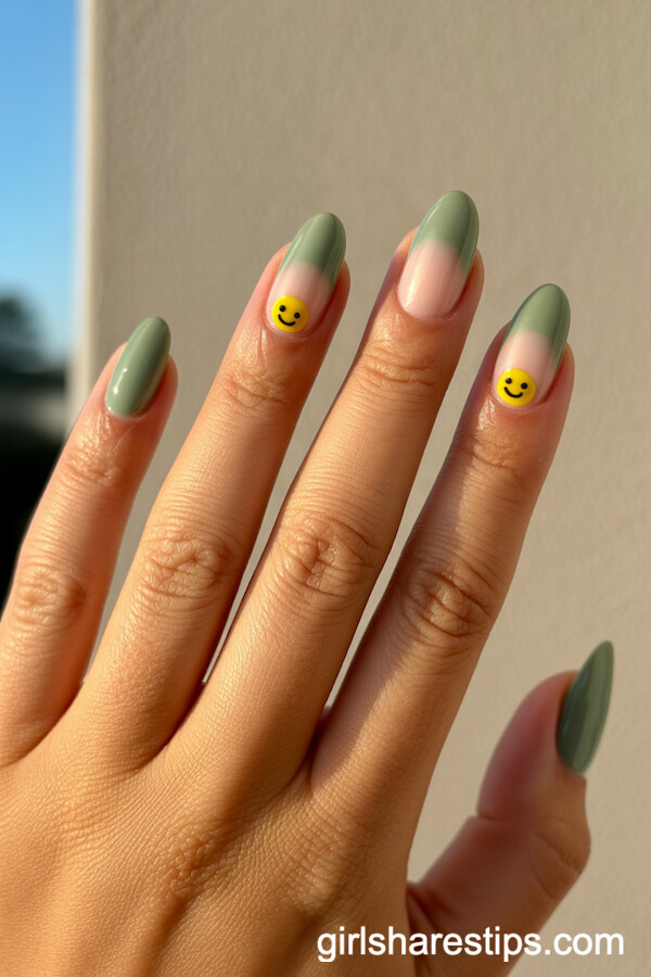 Playful Sage Green Ombr&eacute; Nails with Smiley Faces