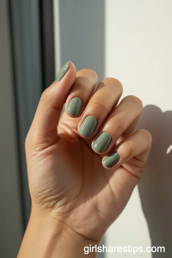 Matte Sage Green Short Square Nails