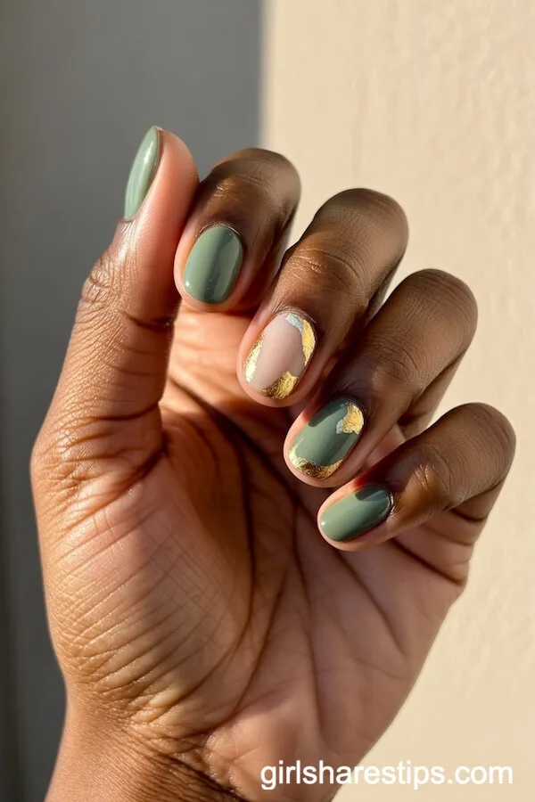 Sage Green Nails with Gold Foil Accents