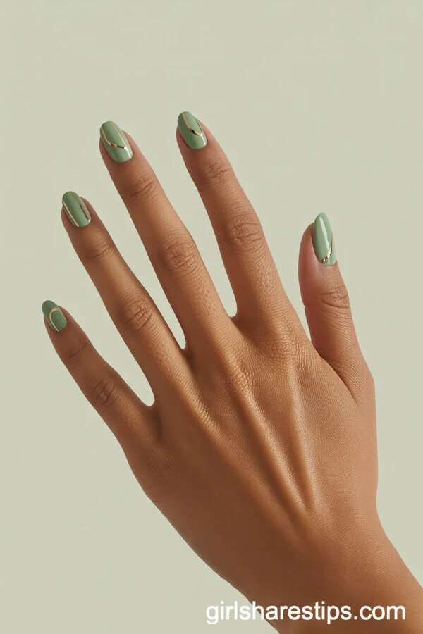 Minimalist Gold Line Sage Green Almond Nails