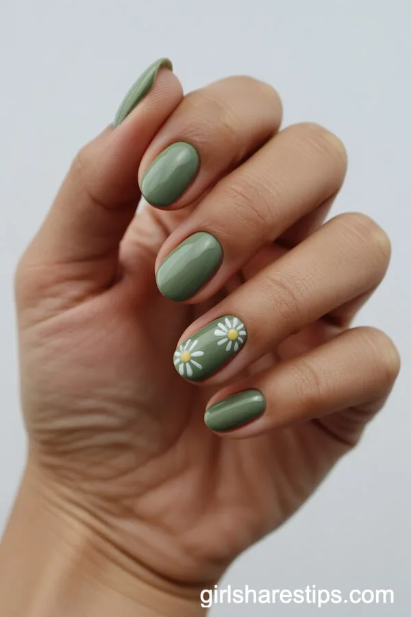 Daisy Accent Sage Green Oval Nails