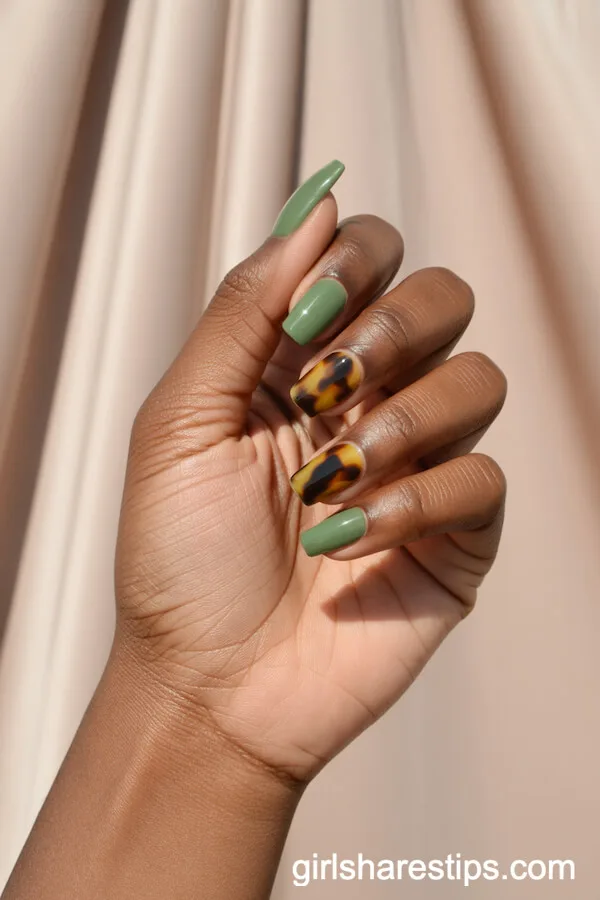 Mixed Sage Green and Tortoiseshell Coffin Nails