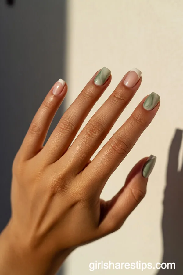 Sage Green Marble Accent Square Nails