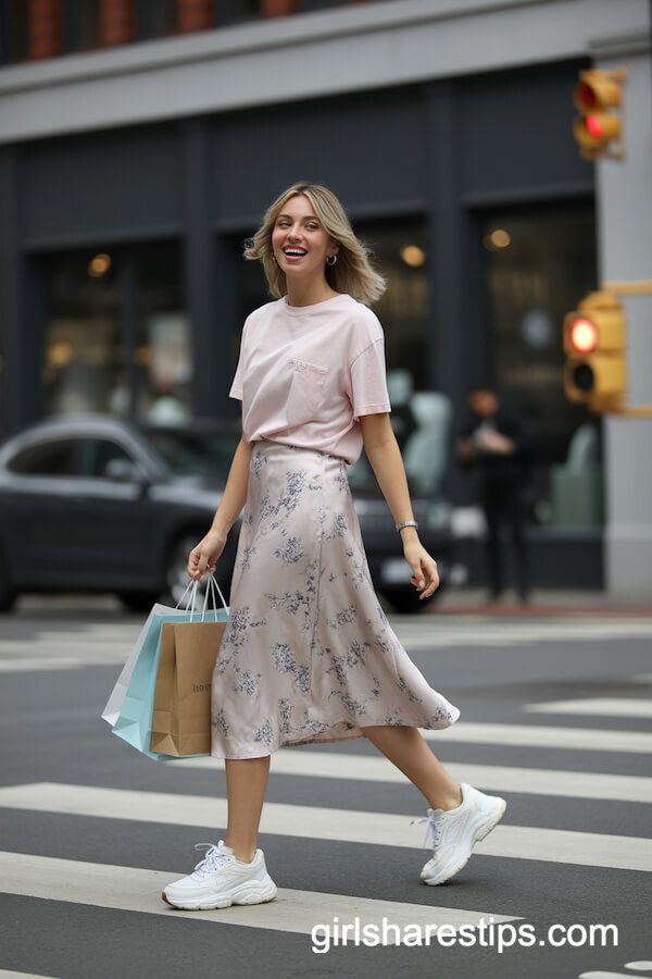 Floral Printed Satin Skirt with Pastel Tee and Chunky Sneakers