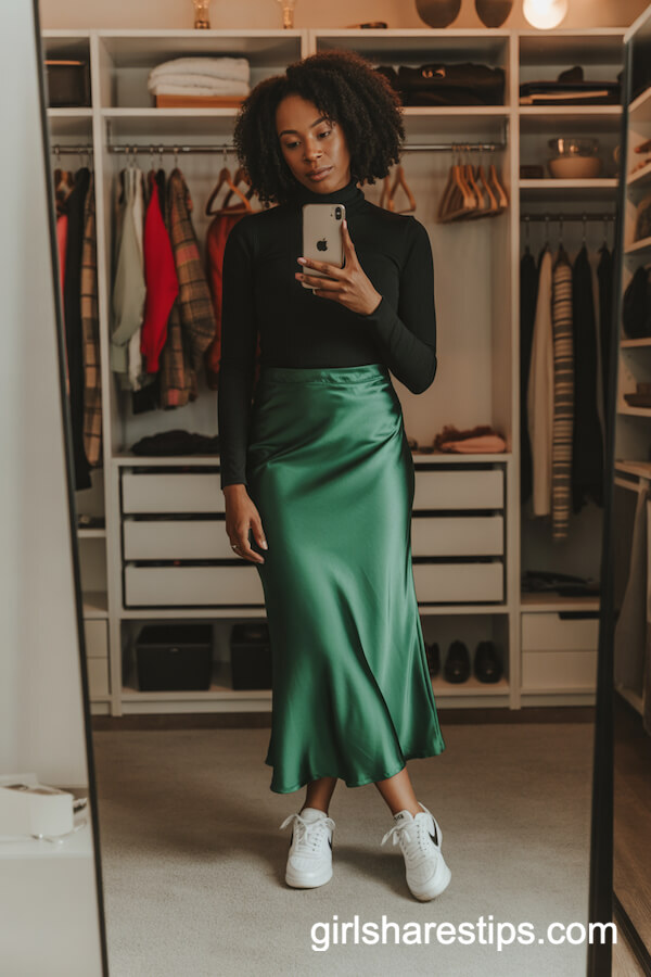 Emerald Green Satin Skirt with Black Turtleneck and Nike Sneakers