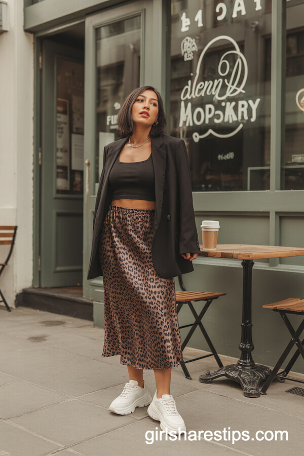 Leopard Print Satin Skirt with Crop Top and Dad Sneakers