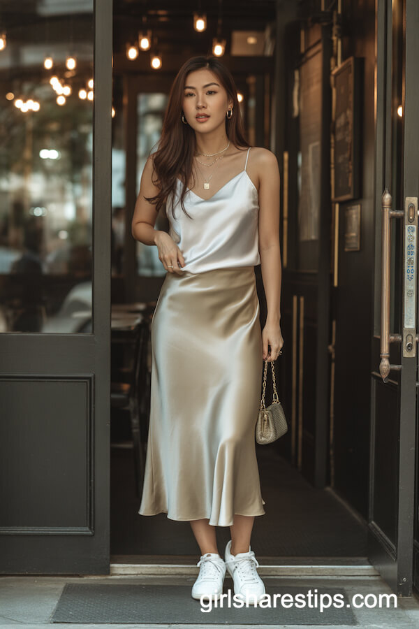 Pale Gold Satin Midi Skirt with Silk Camisole and White Sneakers