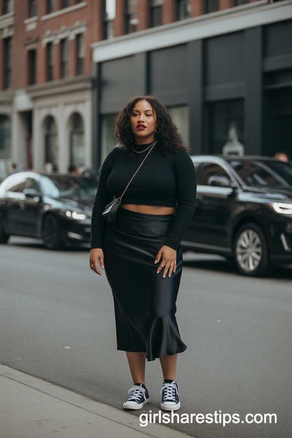 Black Satin Skirt with Cropped Sweater and Low-Top Sneakers